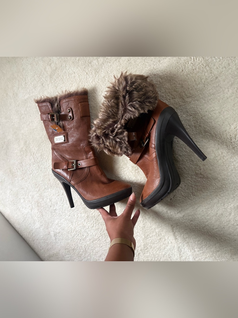 GUESS Brown Faux Fur-Trim Platform Heel Ankle Boots